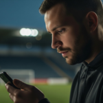 Homem em estádio de futebol olhando para tela de celular em grupos de whatsapp