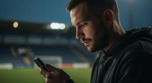 Homem em estádio de futebol olhando para tela de celular em grupos de whatsapp